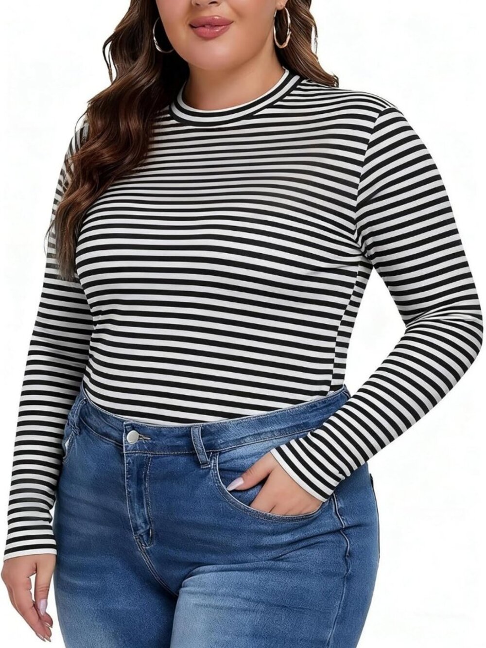 Plus Size Long Sleeve Crew Neck Top | Slim Fitted Basic Shirt for Women